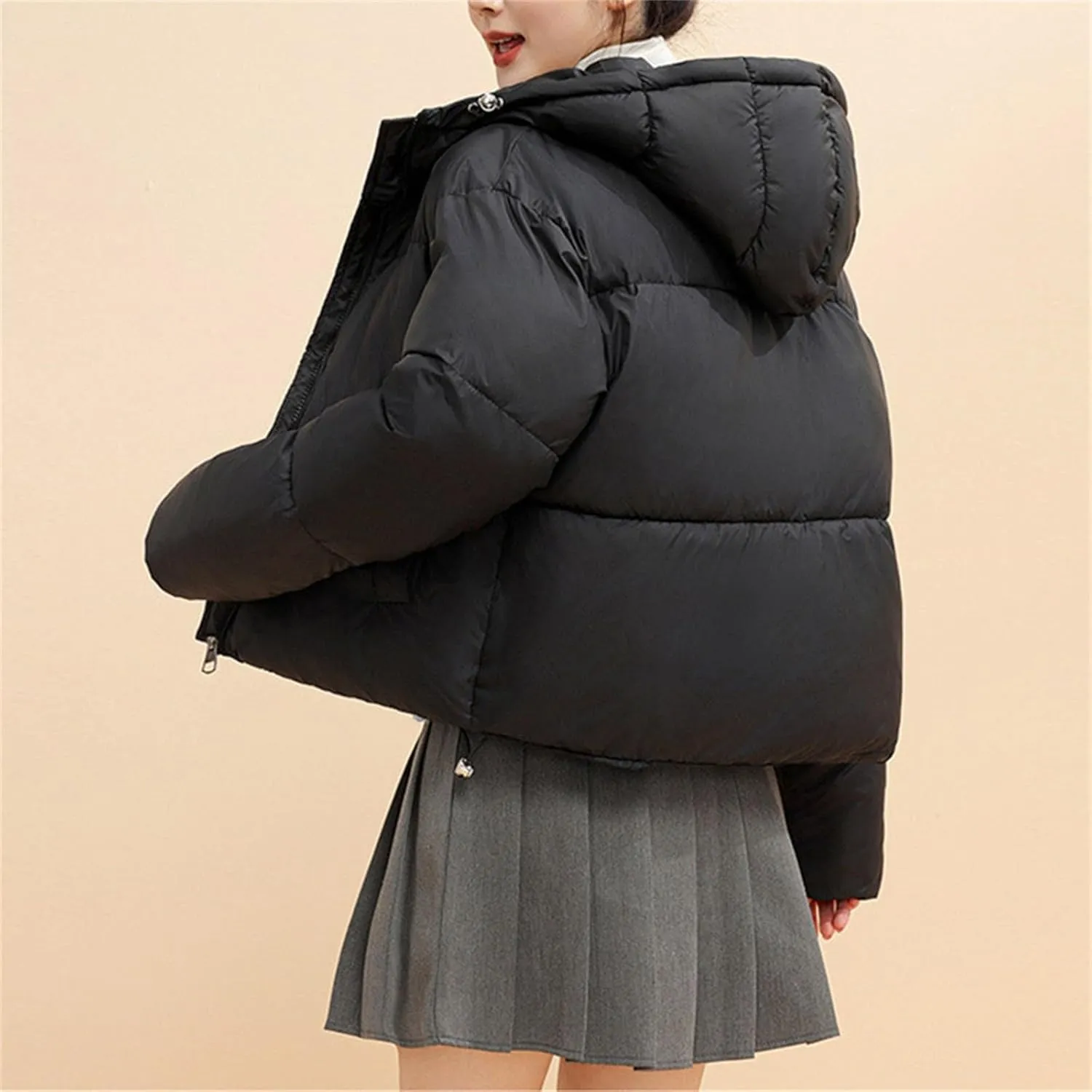 XUNRYAN Puffer Jackets Women Cropped Winter Warm Down Coat Hooded Quilted Lightweight Jacket Short Coat Warm Parka Overcoat