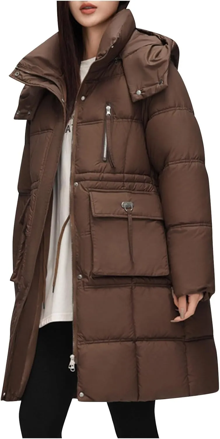 XUNRYAN Winter Down Coats for Women Warm Puffer Jackets Hooded Thicken Warm Parka Anorak Windbreaker Ski Overcoat Pockets