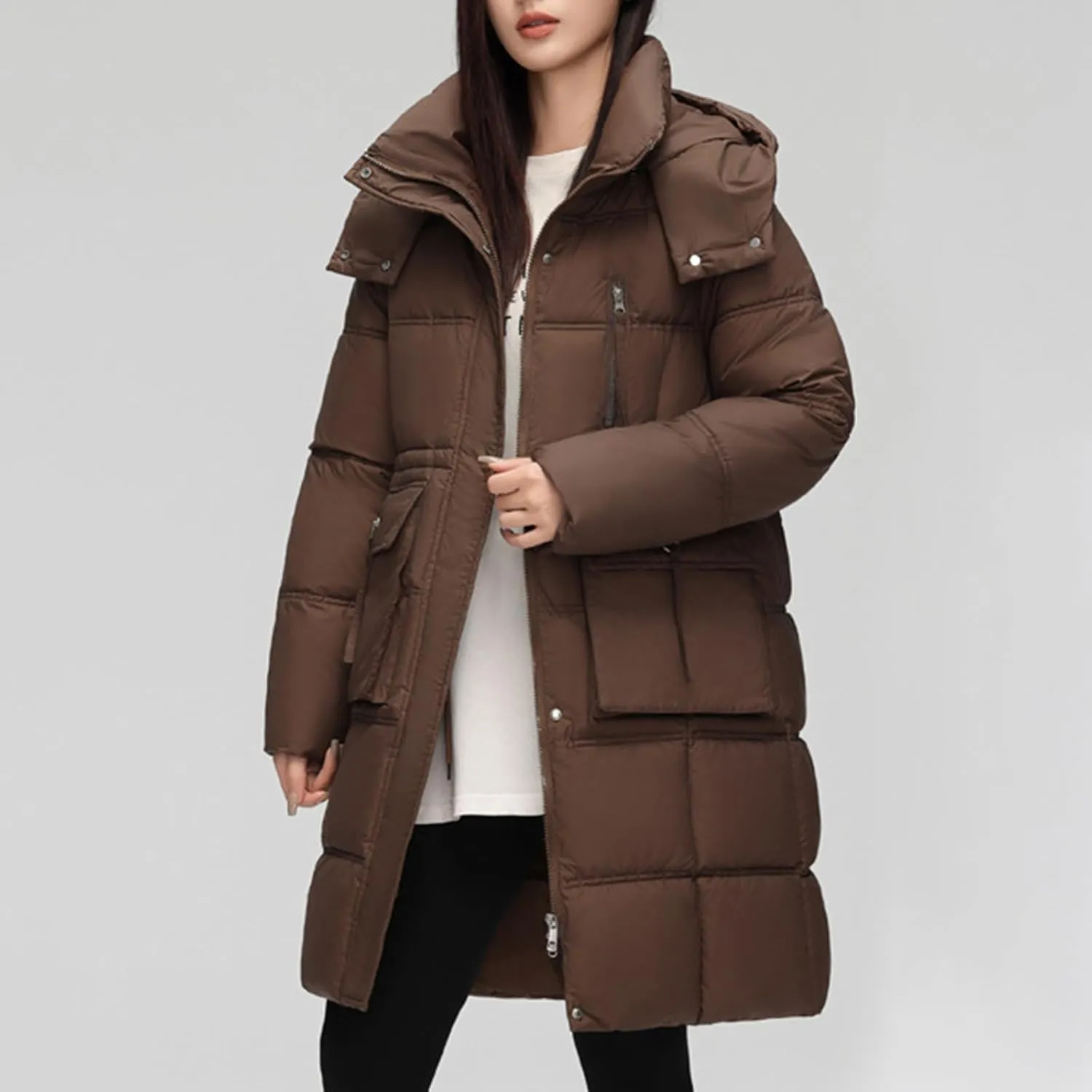 XUNRYAN Winter Down Coats for Women Warm Puffer Jackets Hooded Thicken Warm Parka Anorak Windbreaker Ski Overcoat Pockets