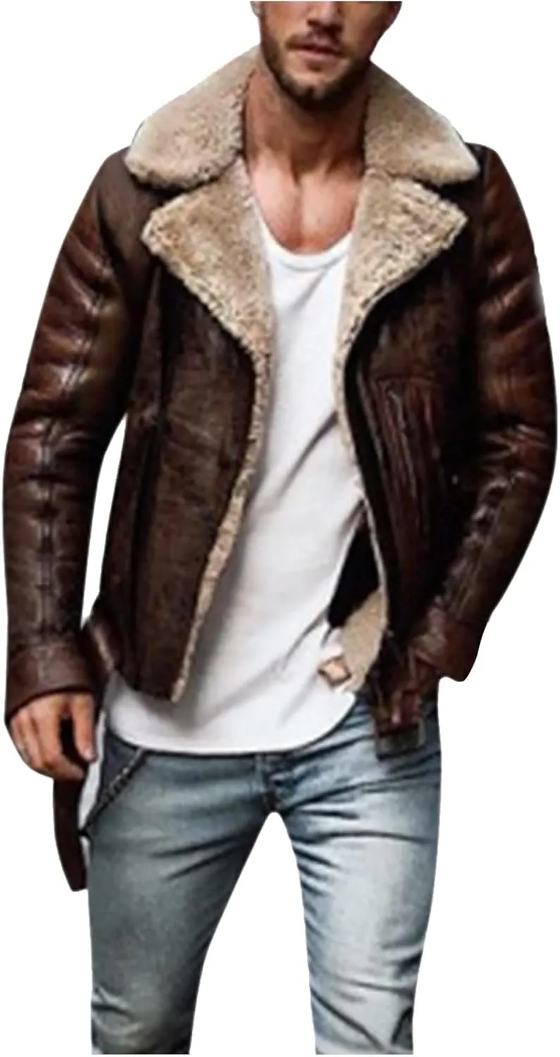 ZYXTIM Men's Faux Leather Sherpa Lined Trucker Motorcycle Jacket Heavyweight Warm Cozy Fur Collar Thicken Thermal Outwear